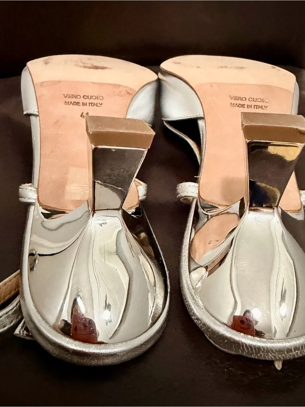 Pancaldi Diane S. Silver Pointed Slingback Heels with Crystal Buckle